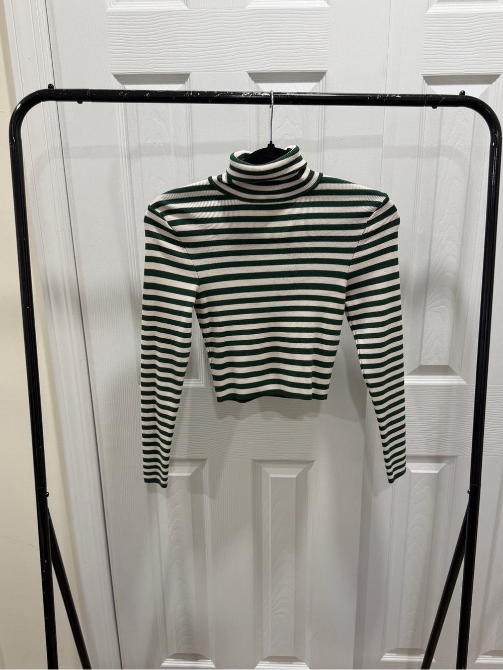 Zara Green & White Striped Turtleneck Long Sleeve Top
